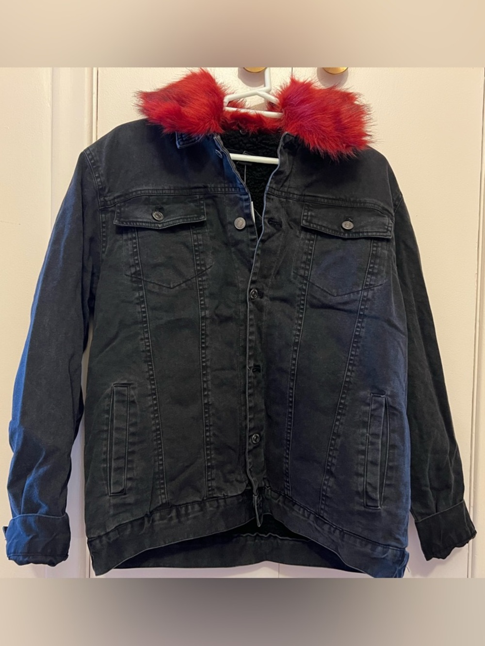 NWT Black Denim Jacket with Removable Red Faux Fur Collar w Fleecy Interior